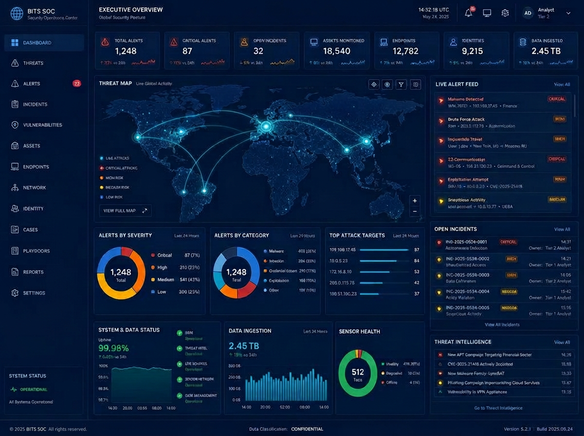 Security operations center single pane of glass dashboard showing live threat map and alerts